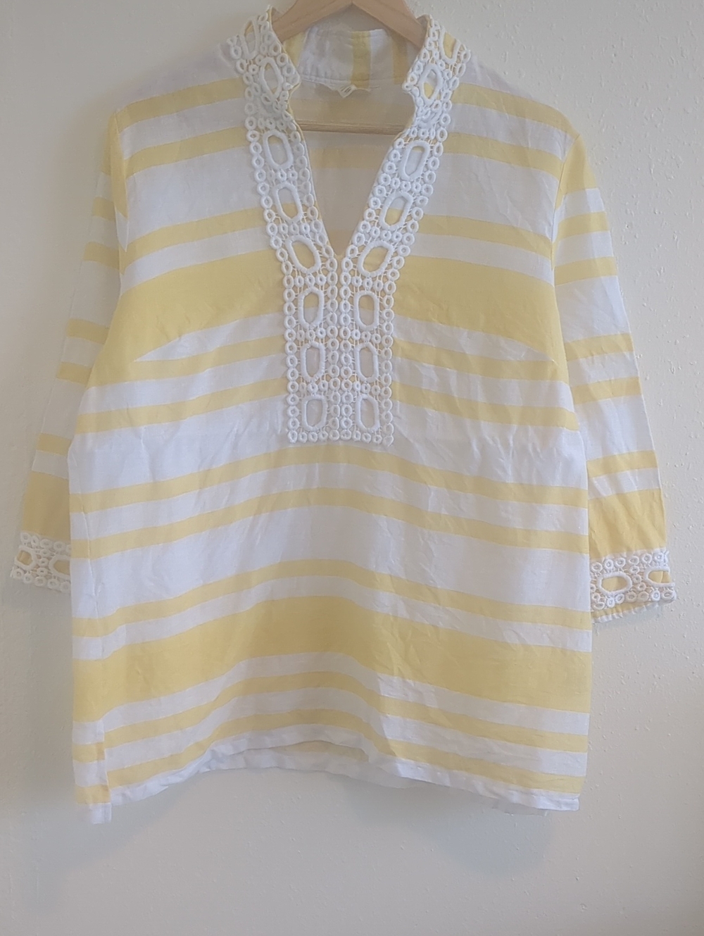 Charter Club Linen Luxury Striped Tunic Top With Embroidery 3/4 Sleeves